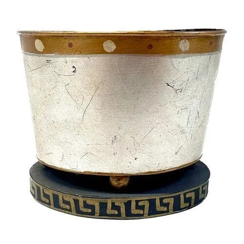 Traditional Vintage Painted Silver & Gold Greek Key Cachepot For Sale - Image 3 of 5