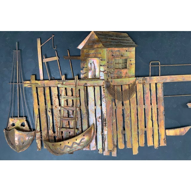 Brutalist Brutalist Curtis Jere Style Wall Sculpture - Dock With Boats For Sale - Image 3 of 7