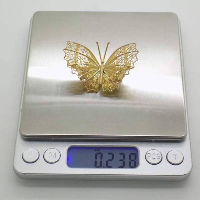 Vintage Italian Gilded Silver 800 Filigree Butterfly Brooch, Genoa, 1970s For Sale - Image 9 of 11