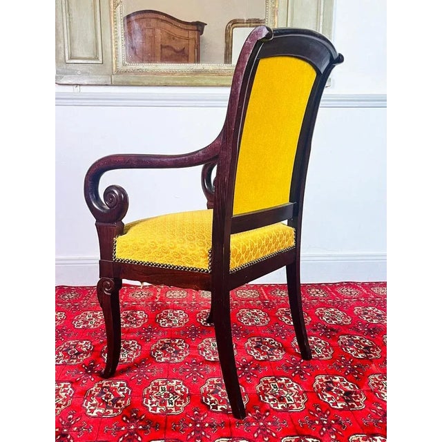 Early 19th Century French Carved Wooden Armchair with Yellow Velvet, France, 1820 For Sale - Image 5 of 13