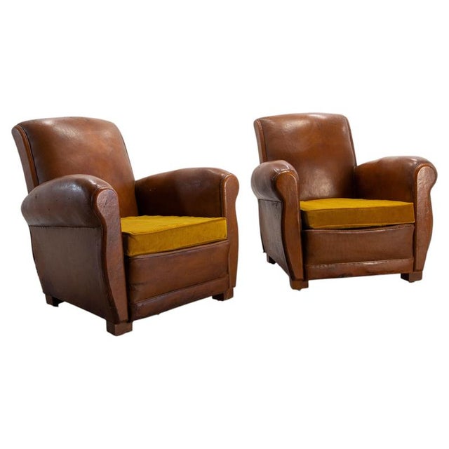 Antique French Club Armchair Fauteuil Cognac Leather and Fabric, 1930, Set of 2 For Sale - Image 16 of 16
