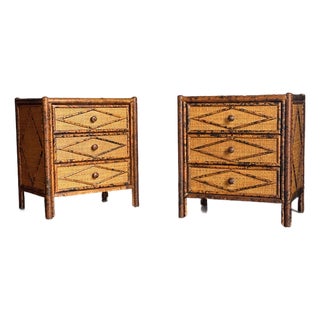 1980s Vintage British Colonial Style Burnt Bamboo and Cane Nightstands- A Pair For Sale