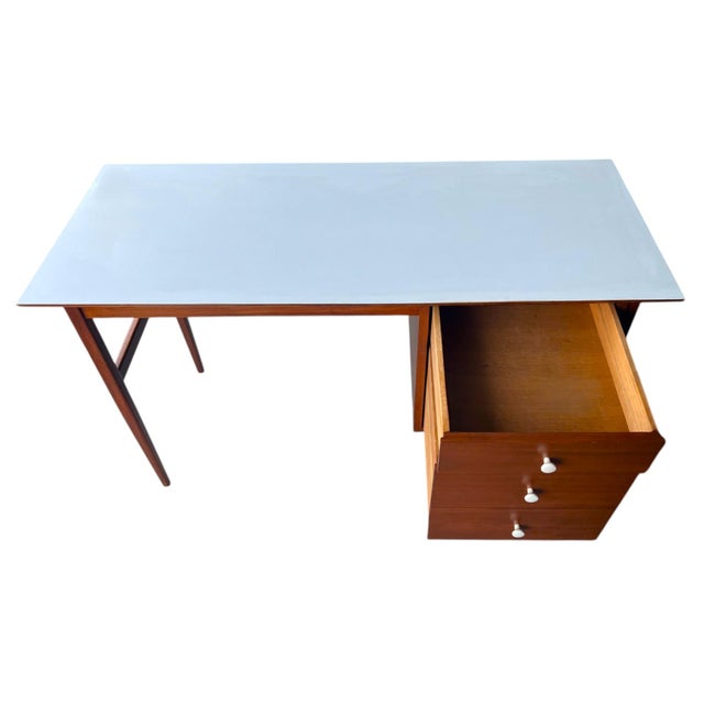 Mid-Century Modern Walnut Desk With White Laminate Top – Restored Vintage Writing Table For Sale - Image 9 of 12
