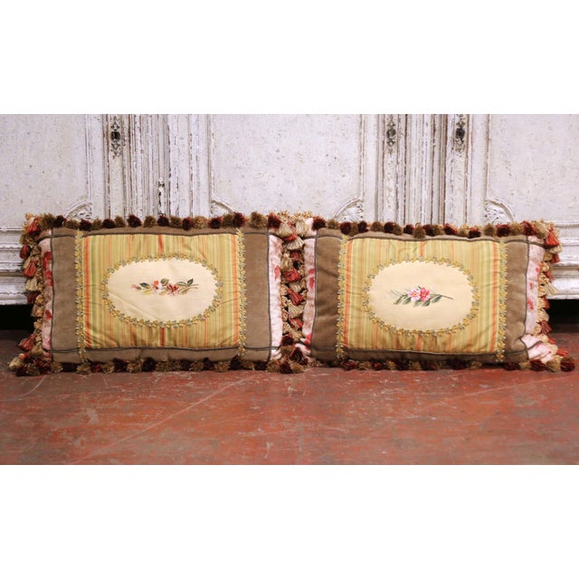 Late 20th Century Pair of 18th Century Aubusson Tapestry Fragment and Passementerie Lumbar Pillows For Sale - Image 5 of 9
