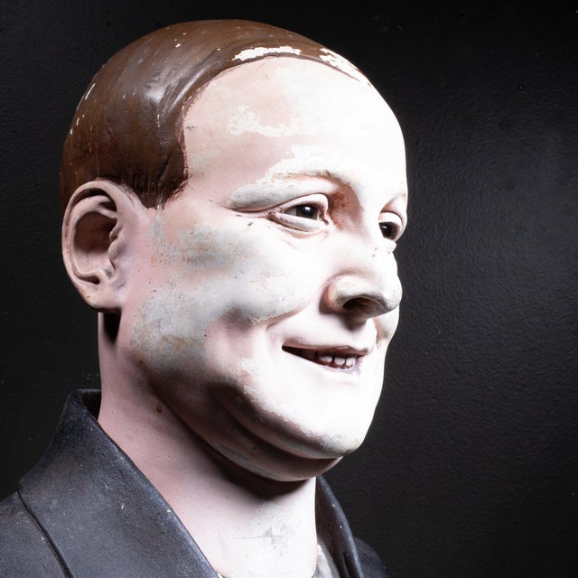 ABOUT An original painted chalkware department store hat display bust of a gentleman with glass eyes. Marked "15 1/2"...