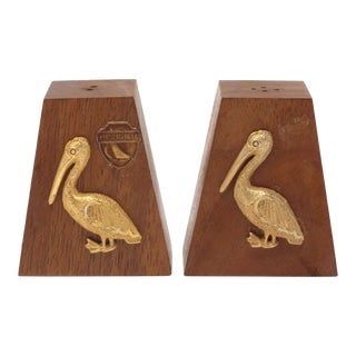 Vintage Wood and Metal Pelican Salt & Pepper Shakers - a Pair For Sale