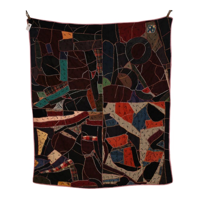 Vintage Hand Embroidered Crazy Quilt, Wool Patchwork Folk Art Textile Wall Hanging For Sale