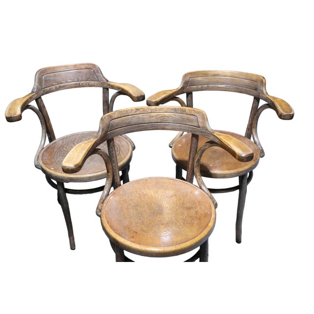 Incredible Set of Six Antique Fischel Bentwood Arm Chairs With Embossed Floral Design on the Seats For Sale In Portland, OR - Image 6 of 13
