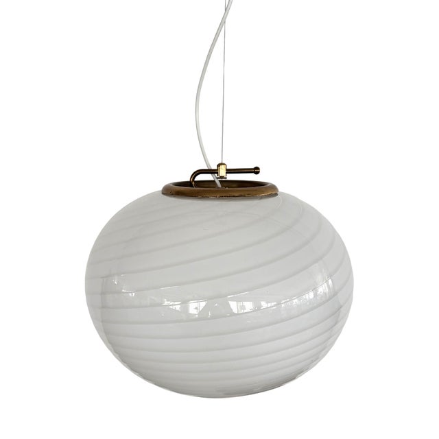 Italian Murano Swirl Glass Globe Chandelier with Brass Details, 1970s For Sale