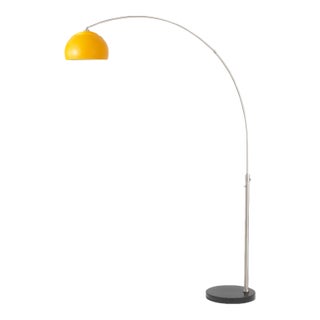 1960s 92-Inch Mid Century Morelli Half Dome Floor Lamps - Satin Nickel, Black Marble Base, Mustard Shade, Modern Design For Sale