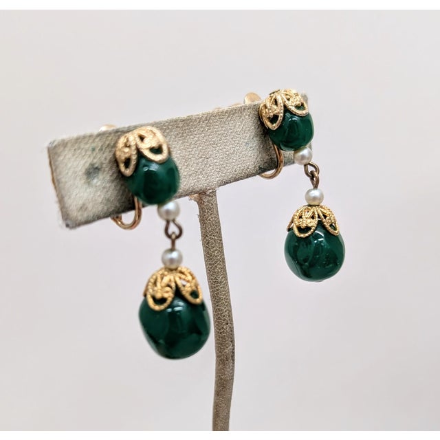 Napier Vintage 1960s Signed Napier Goldtone Faux-Jade Drop Clip Earrings-2 Pieces For Sale - Image 4 of 7