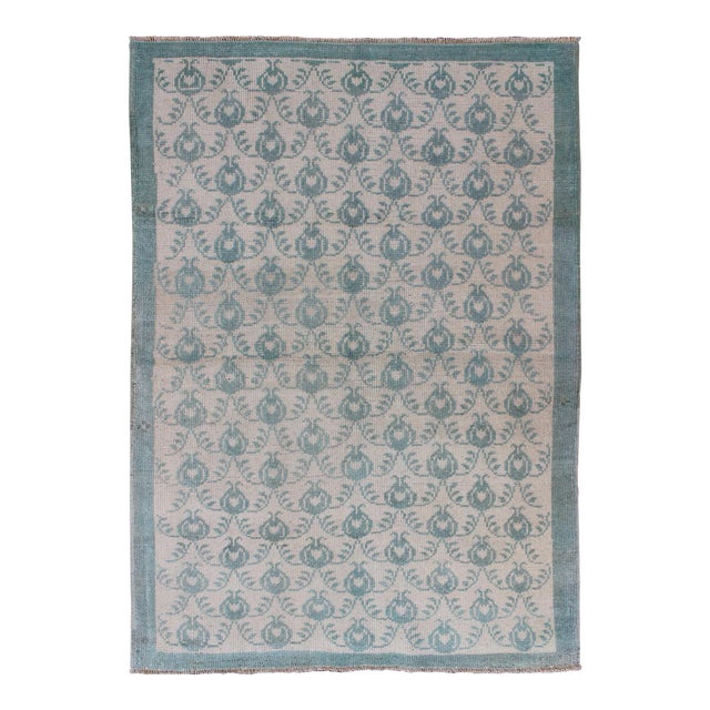 Mid 20th Century Vintage Turkish Oushak Rug With All-Over Design in Light Blue and Cream For Sale
