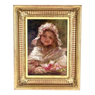 Late 19th Century Vibrant British Victorian Portrait of a Young Girl With Flowers, Framed For Sale