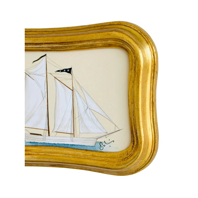 Nautical Original Hand-Painted Sailboat Painting in a Vintage Italian Frame For Sale - Image 3 of 4