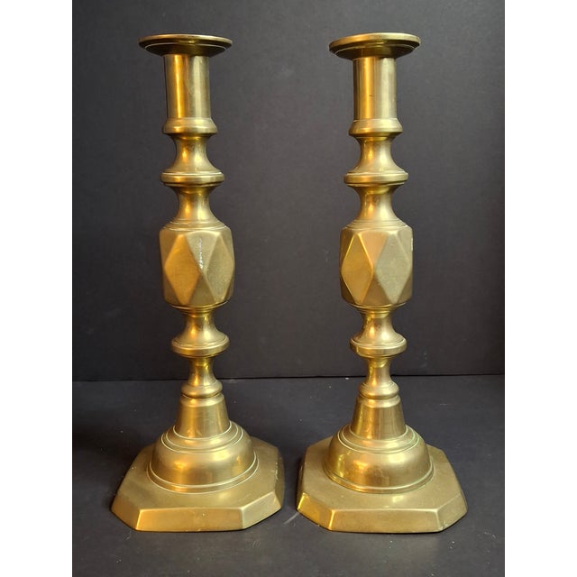 Antique Matching Pair Victorian "The Queen of Diamonds" Brass Candlesticks 11" Push Up Ejector c.1897 For Sale - Image 4 of 18