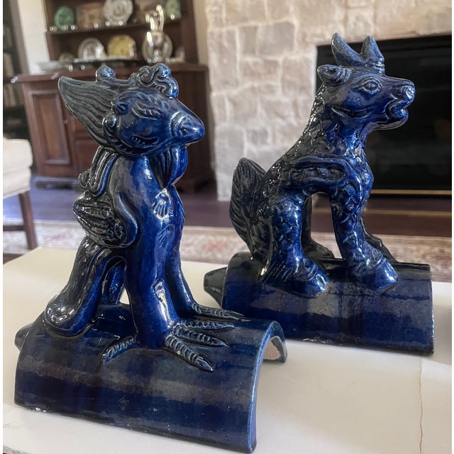 Vintage Cobalt Blue Chinese Ceramic Roof Tile Figurines - Set of 4 For Sale - Image 16 of 18