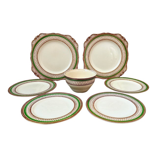Early 20th Century Rare Antique English Bone China J & G Meakin Westminster Pattern, Intricate Green & Gold Band on a Cream Ground- Set of 7 For Sale
