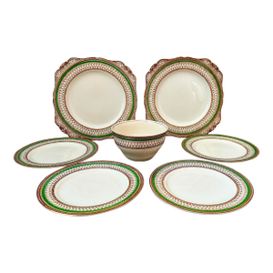 Early 20th Century Rare Antique English Tea Set Bone China J & G Meakin Westminster Pattern, Intricate Green & Gold Band on a Cream Ground- Set of 7