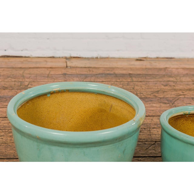 Ceramic Ocean Blue Glazed Ceramic Round Nested Planters with Tapering Lines - A Pair For Sale - Image 7 of 12