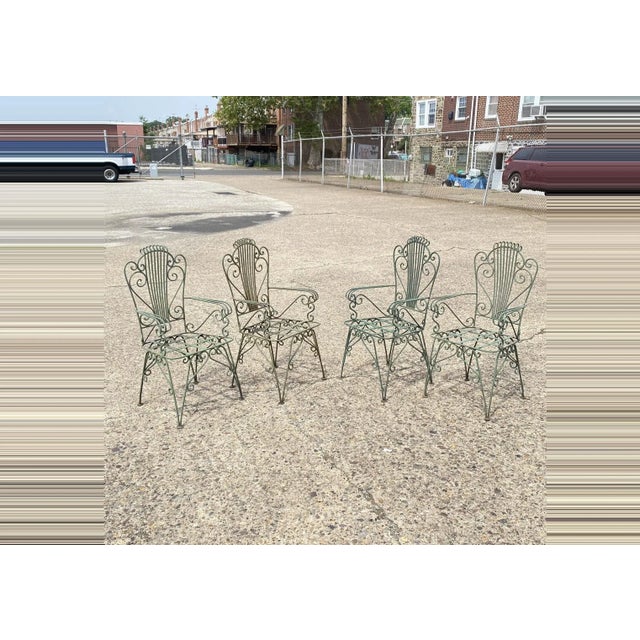 Vintage Neoclassical Style Green Wrought Iron Lyre Harp Garden Chairs - Set of 4 For Sale - Image 12 of 12