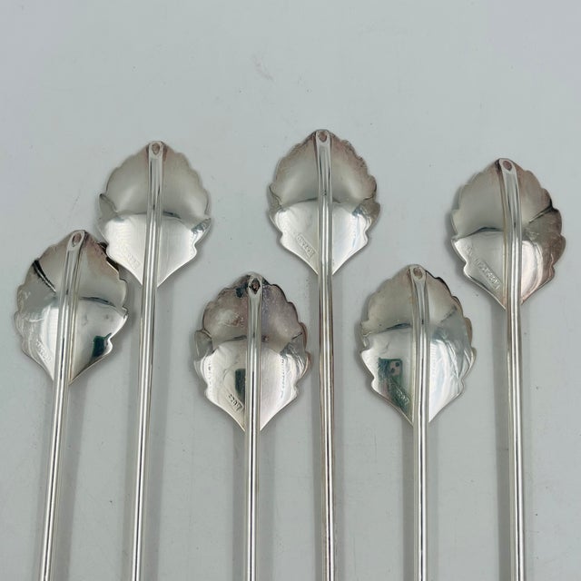 Mid-Century Modern Silverplate Leaf Design Cocktail Stirrer Straws Sipper Spoons Denmark - Set of 6 For Sale - Image 10 of 16