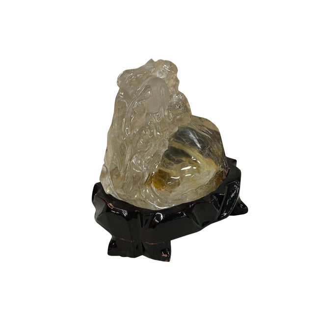 Asian Natural Clear Crystal Koi Gold Fishes Wave Display on Wood Stand For Sale - Image 3 of 9