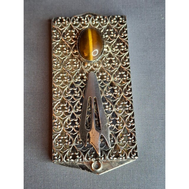 Vintage Israel Sterling Silver 925 Filigree Mezuzah Case Tiger's Eye Stone Judaica For Sale In Boston - Image 6 of 18