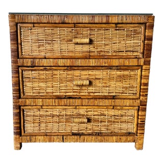 Vintage Coastal Boho Chic Woven Rattan 3-Drawer Nightstand For Sale