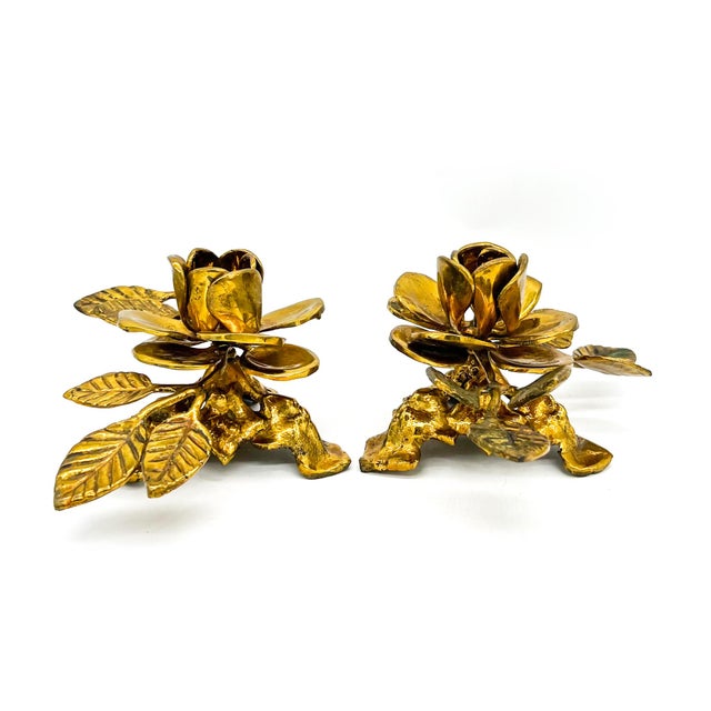 Mid-Century Modern Vintage Pair Gold-Tone Metal Rose Candle Holders — Hollywood Regency / Maison Jansen Style For Sale - Image 3 of 12