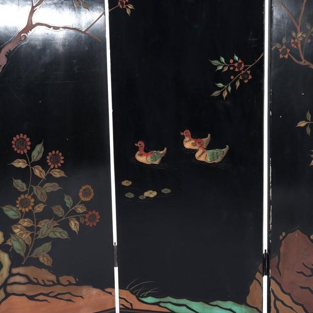 Antique Chinese Carved, Ebonized & Hand Painted Four-Panel Dressing Screen C1930 For Sale - Image 16 of 18