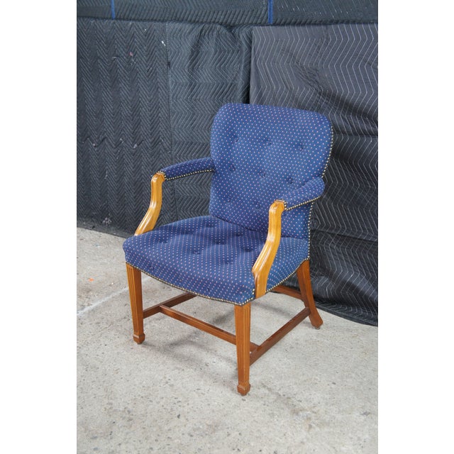 Mid 20th Century 2 Mid Century Federal Mahogany Office Arm Chairs Blue Polka Dot Tufted Fabric For Sale - Image 5 of 12
