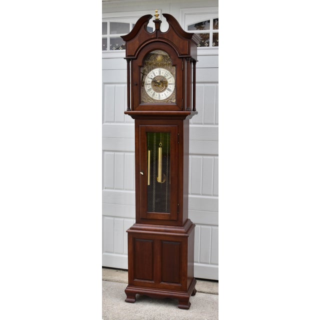 Traditional Traditional Mahogany Grandmother Clock Vintage Mechanical Embossed Dial For Sale - Image 3 of 18
