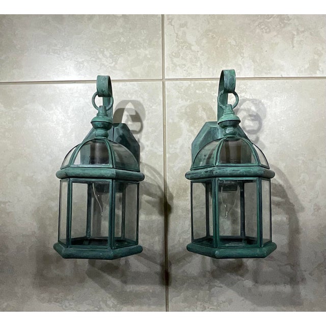 Contemporary Small Pair of Vintage-Style Solid Brass Wall Lanterns Sconces- 12”25 X 6” X6” For Sale - Image 3 of 11