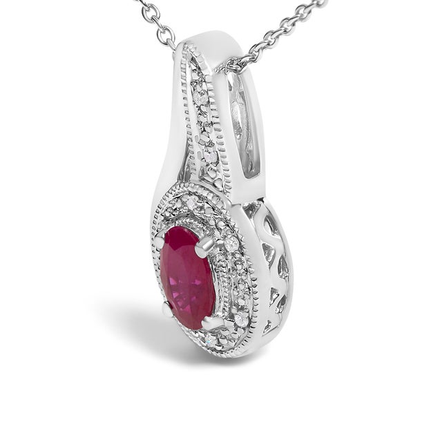 Contemporary .925 Sterling Silver Red Ruby and Diamond Accent Milgrain Swirl Pendant Necklace - 18" Inches For Sale - Image 3 of 5