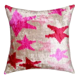 Turkish Modern Pink Rose Valvet Silk Ikat Pillow and Down Feather Insert