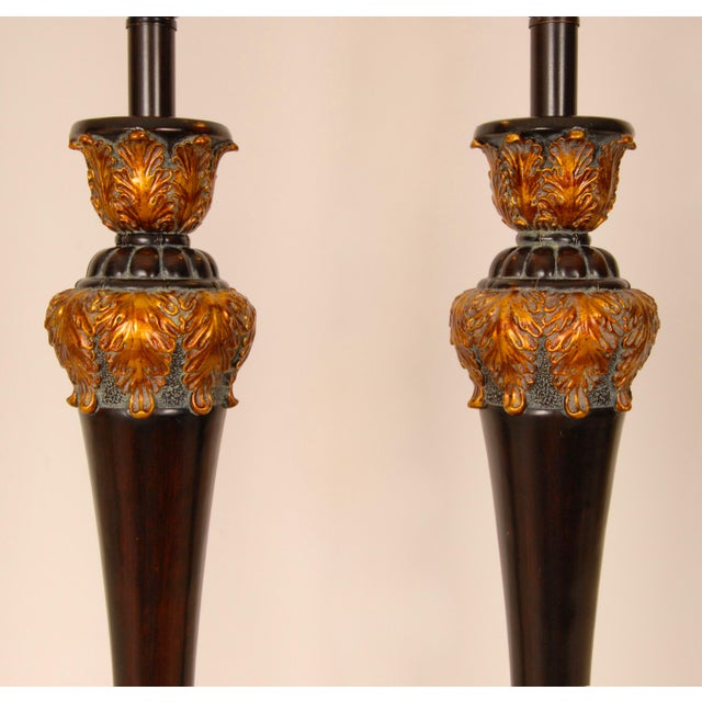 Plastic Vintage French Table Lamps Pair – Brown Gold Baroque Décor Lighting 1980s For Sale - Image 7 of 9