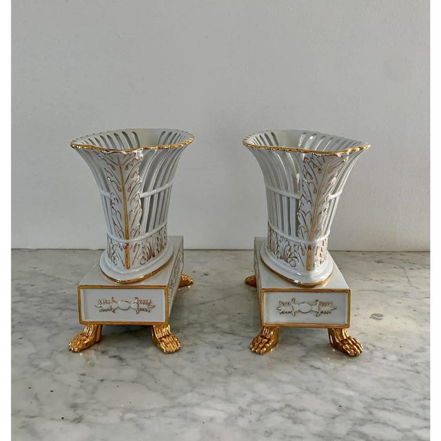 Late 20th Century Pair of Reticulated Porcelain Baskets With Gilt Detail and Lion Paw Feet For Sale - Image 10 of 11