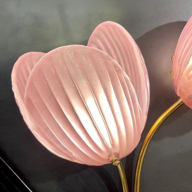 Italian Contemporary Italian 2-Branch Pink Murano Glass Tulip Flower Gold Brass Sconces - a Pair For Sale - Image 3 of 10