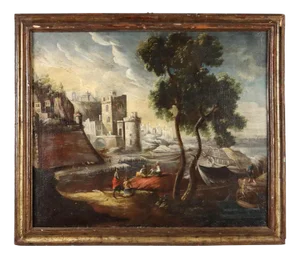 Buildings and Figures, Oil on Canvas, Framed