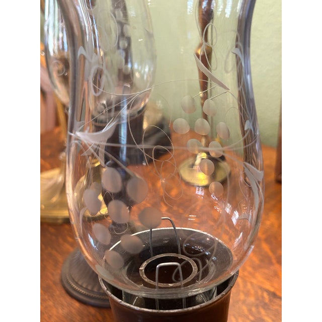 Metal Vintage Bronze Finish Brass Candleholders With Etched Glass Globes - A Pair For Sale - Image 7 of 12