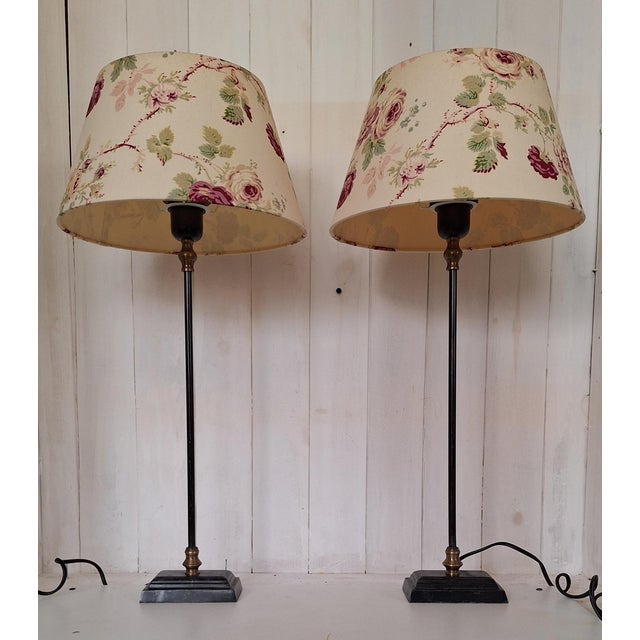 Vintage Table Lamps with Black Metal Base and Beige Patterned Fabric Shade, 2000s, Set of 2 For Sale - Image 6 of 8