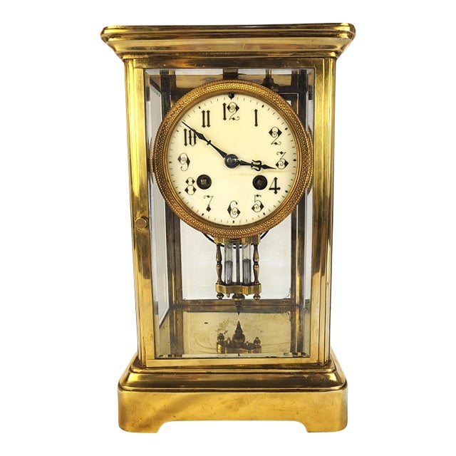 Antique French H&h Crystal 8-Day Regulator Clock - Gilt Brass & Beveled Glass For Sale