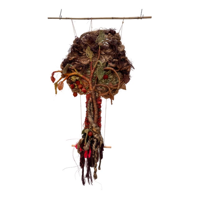 Large Hand-Woven Apple Tree Macramé Art Wall Hanging in Coconut Fibers with Pinewood Details, West-Germany, 1970s For Sale
