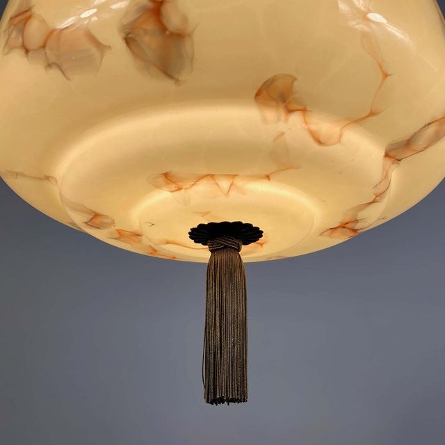 Metal Art Deco Cream Marbled Opaline and Burnished Metal Tassel Pendant Light, 1930 For Sale - Image 7 of 18