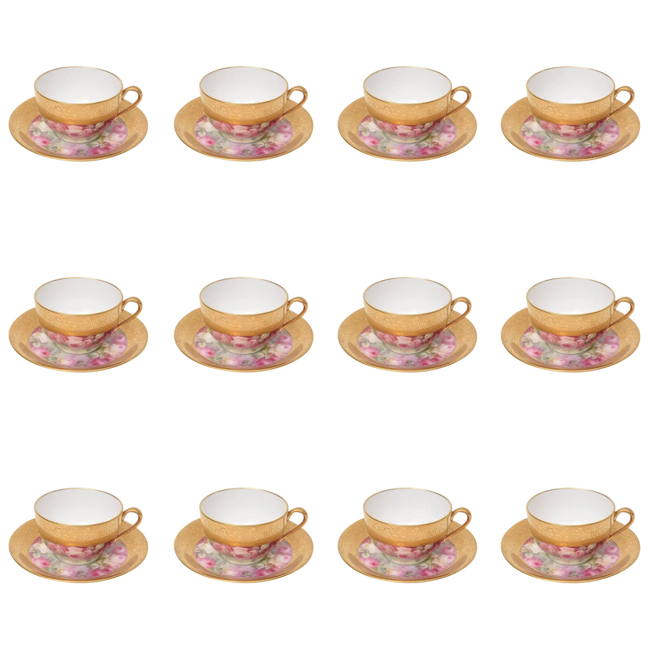 Set of 12 Hand-Painted and Gilt Encrusted Cup and Saucers, 24 Pieces Total  | Chairish