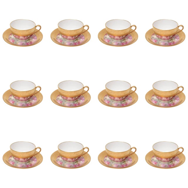 Set of 12 Hand-Painted and Gilt Encrusted Cup and Saucers, 24 Pieces Total For Sale