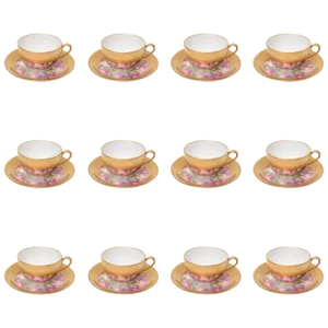 Set of 12 Hand-Painted and Gilt Encrusted Cup and Saucers, 24 Pieces Total