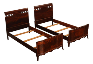 Pair of Vintage Flame Mahogany Twin Beds with Pierced Headboards, Circa 1940s