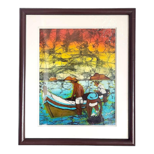 1990s Brazilian Batik Seascape Art Signed L. Mendes, Framed