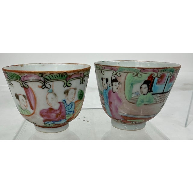 Pretty antique Chinese hand painted small tea cups. Traditional Rose Famille pattern. Late 19th-early 20th century